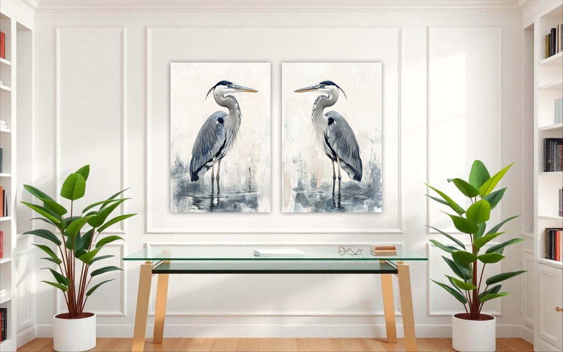 two paintings of birds on a wall above a glass table