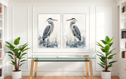 two paintings of birds on a wall above a glass table