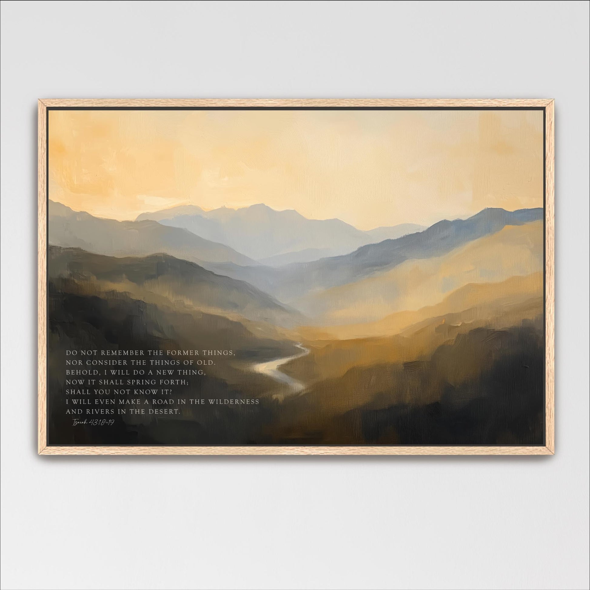 The image is a painting of a mountainous landscape with a winding river in the foreground. The painting features a warm, golden-hued sky and earthy tones, creating a serene and picturesque scene.