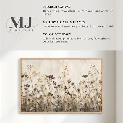 The image is a collage of various artworks, including a painting of a field of flowers and a framed artwork. The artworks are described as "PREMIUM CANVAS" and "GALLERY FLOATING FRAMES" with a focus on color accuracy and the use of premium wood frames.