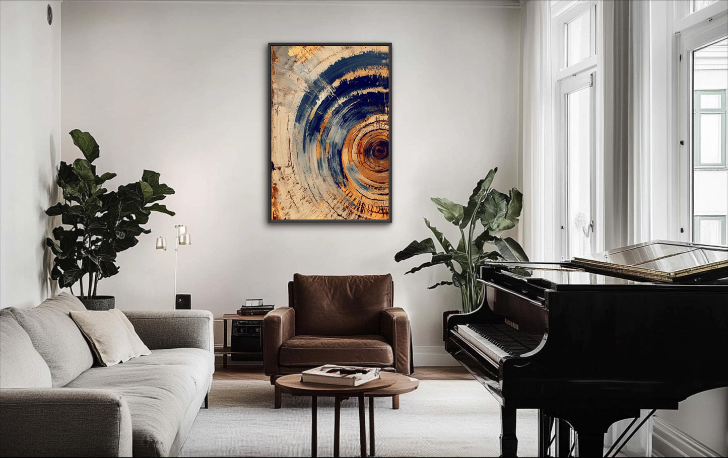 a modern living room with a large abstract painting on the wall, a black grand piano, a brown leather armchair, and a wooden coffee table.
