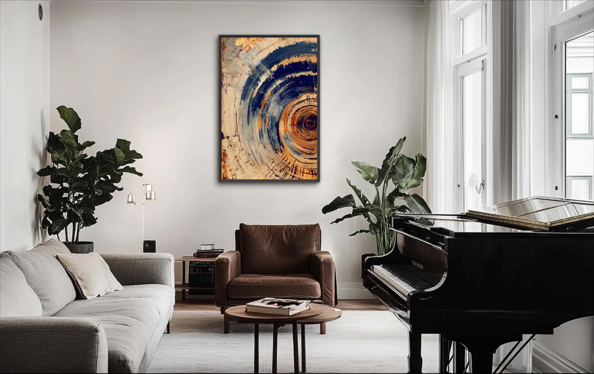 a modern living room with a large abstract painting on the wall, a black grand piano, a brown leather armchair, and a wooden coffee table.