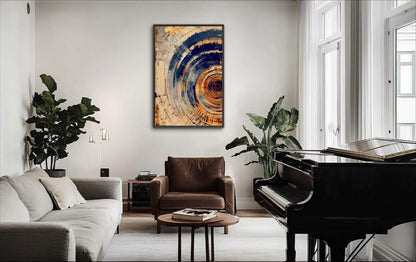 a modern living room with a large abstract painting on the wall, a black grand piano, a brown leather armchair, and a wooden coffee table.