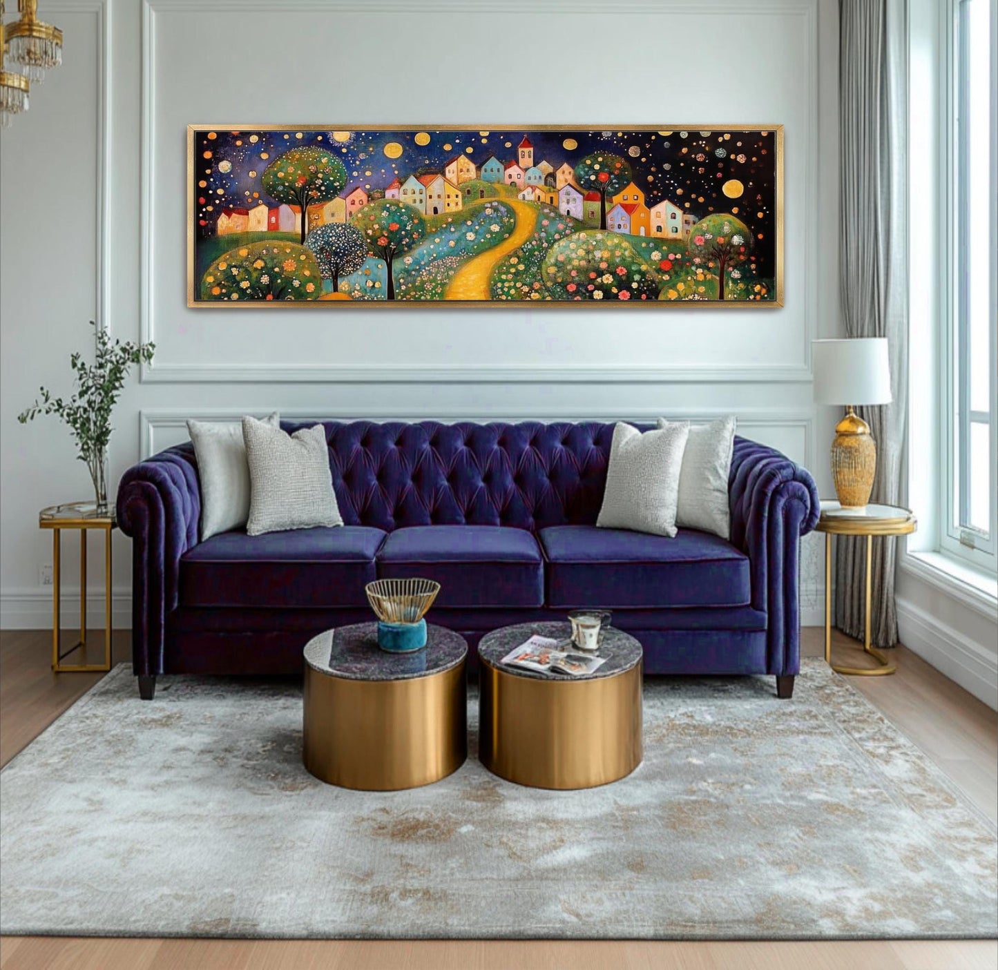 a living room with a purple couch and a painting on the wall