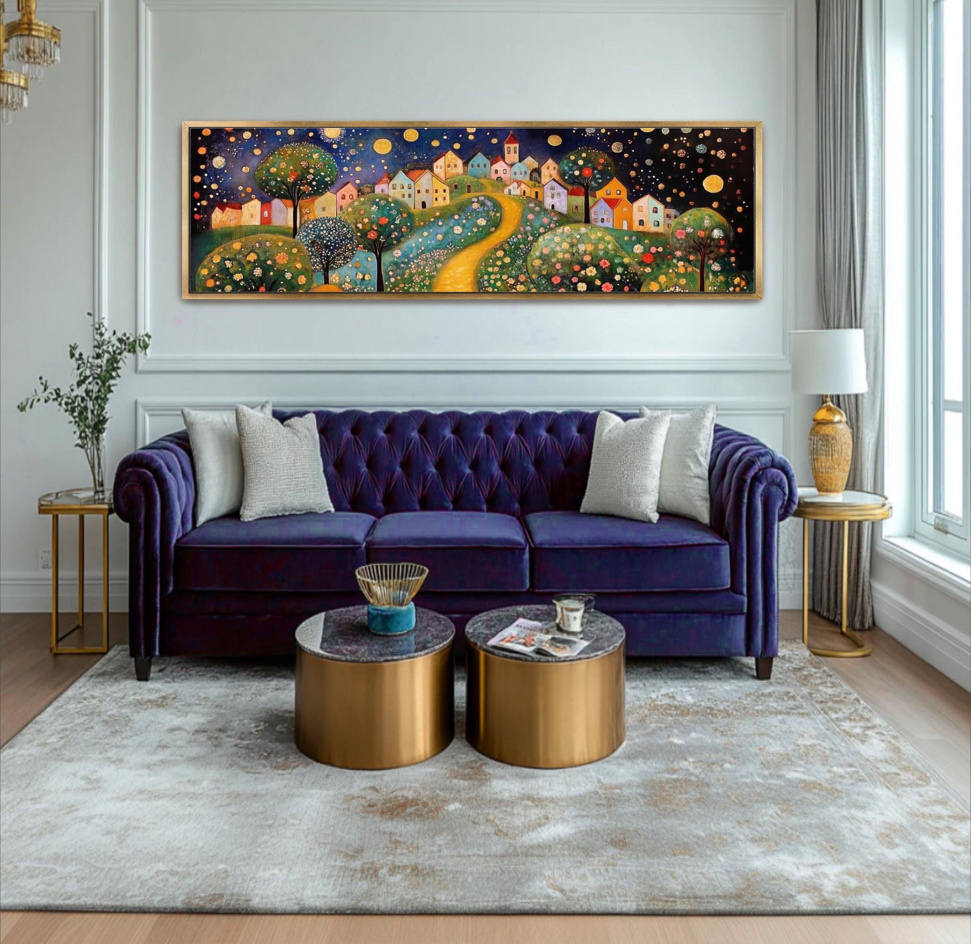 a living room with a purple couch and a painting on the wall