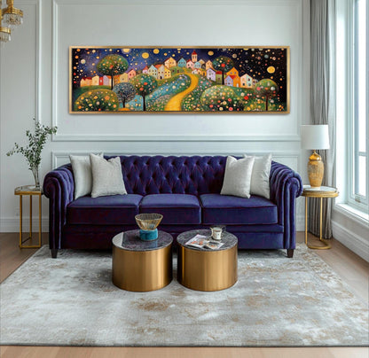 a living room with a purple couch and a painting on the wall