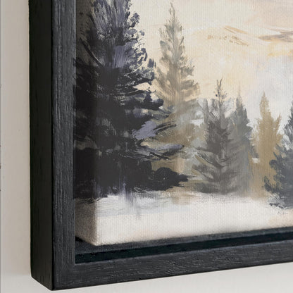 The image is a painting of a forest scene with trees in various shades of green and brown.