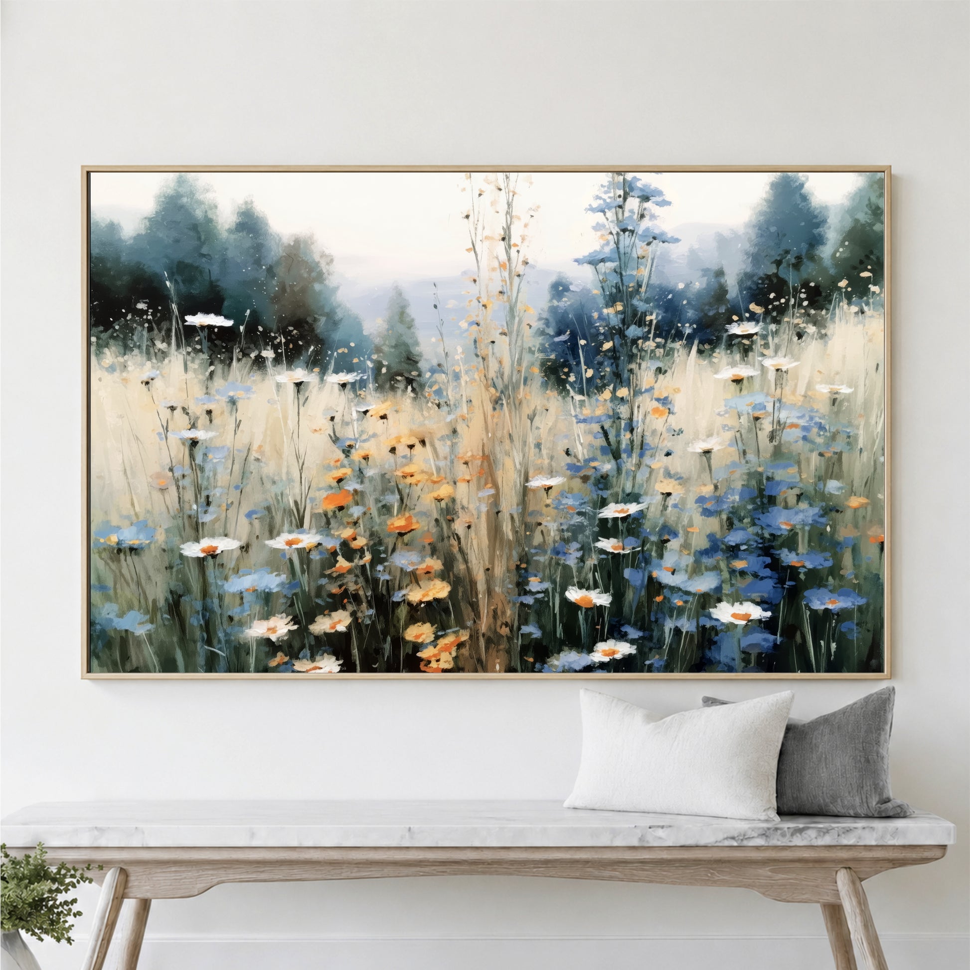 Vintage Wildflower Field Landscape Art This wildflower field painting captures the serene beauty of nature, making it the perfect addition to your home or office. Our framed canvas art showcases a large wall art piece that brings rustic farmhouse decor charm with its neutral tone painting and vintage landscape print. Designed to evoke calm and relaxation, this field of flowers art uses eco solvent inks on gallery wrapped canvas