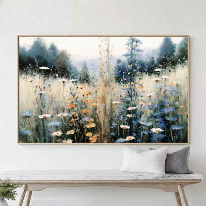 Vintage Wildflower Field Landscape Art This wildflower field painting captures the serene beauty of nature, making it the perfect addition to your home or office. Our framed canvas art showcases a large wall art piece that brings rustic farmhouse decor charm with its neutral tone painting and vintage landscape print. Designed to evoke calm and relaxation, this field of flowers art uses eco solvent inks on gallery wrapped canvas