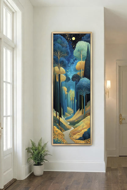 a large, colorful painting of a forest scene hanging on a white wall in a room with a wooden floor.