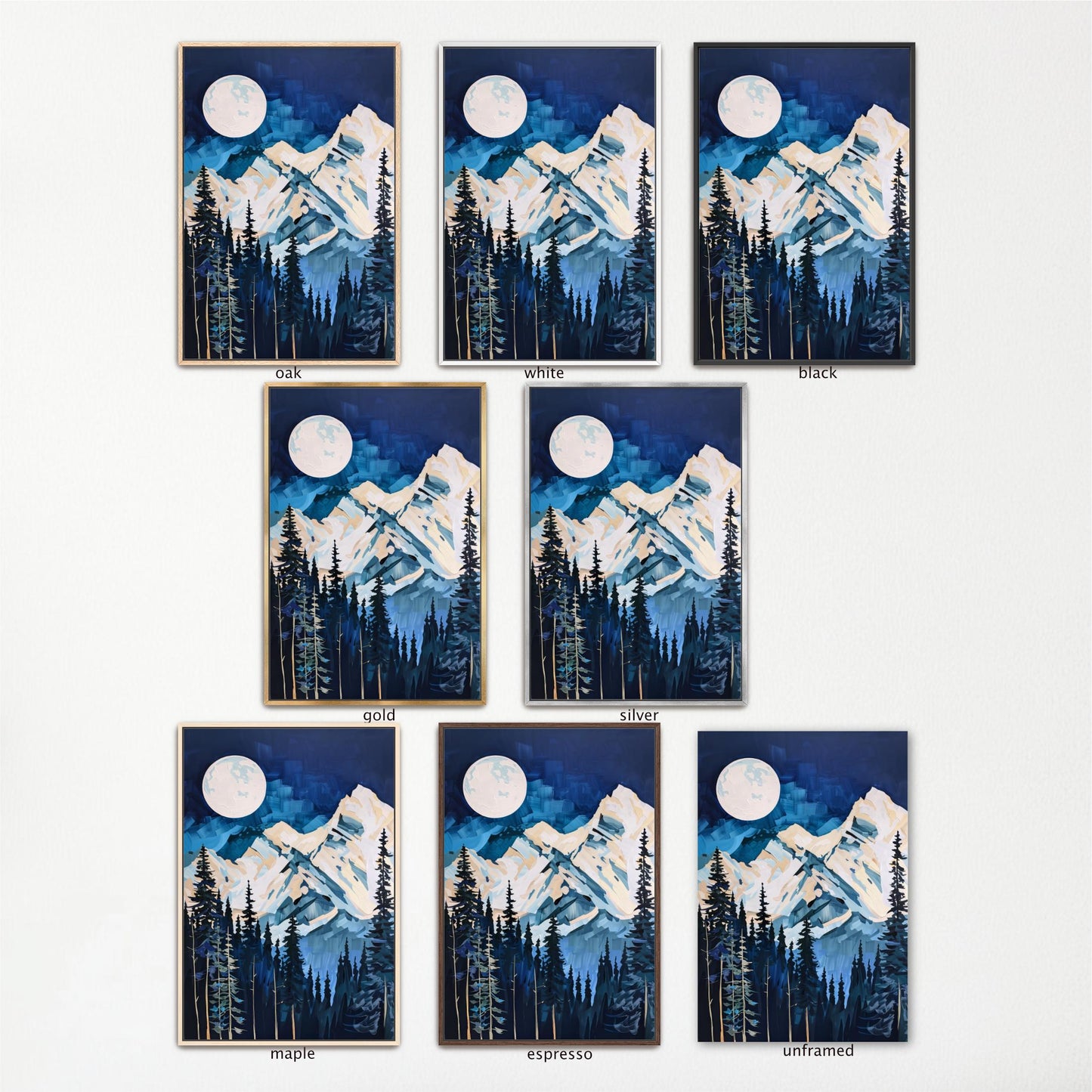 a collection of nine framed landscape paintings depicting mountain scenes with a full moon. The paintings vary in color and style, showcasing different artistic interpretations of the same subject matter.