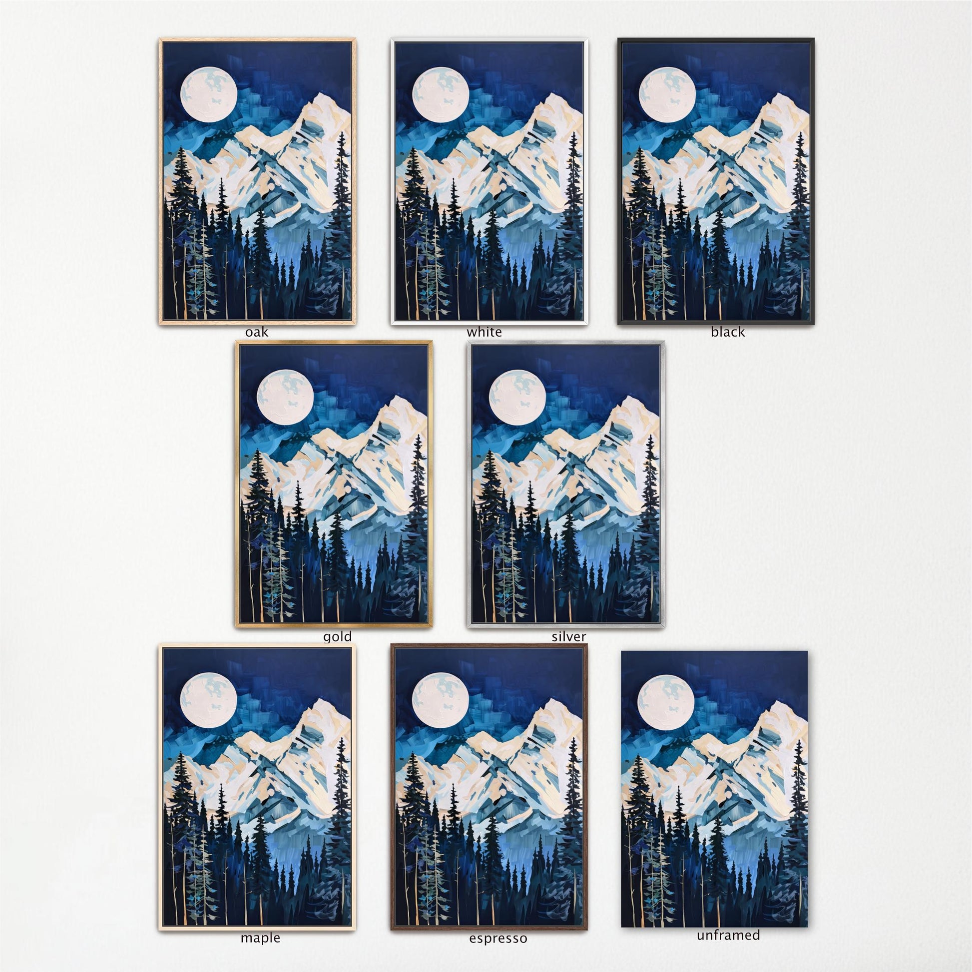 a collection of nine framed landscape paintings depicting mountain scenes with a full moon. The paintings vary in color and style, showcasing different artistic interpretations of the same subject matter.