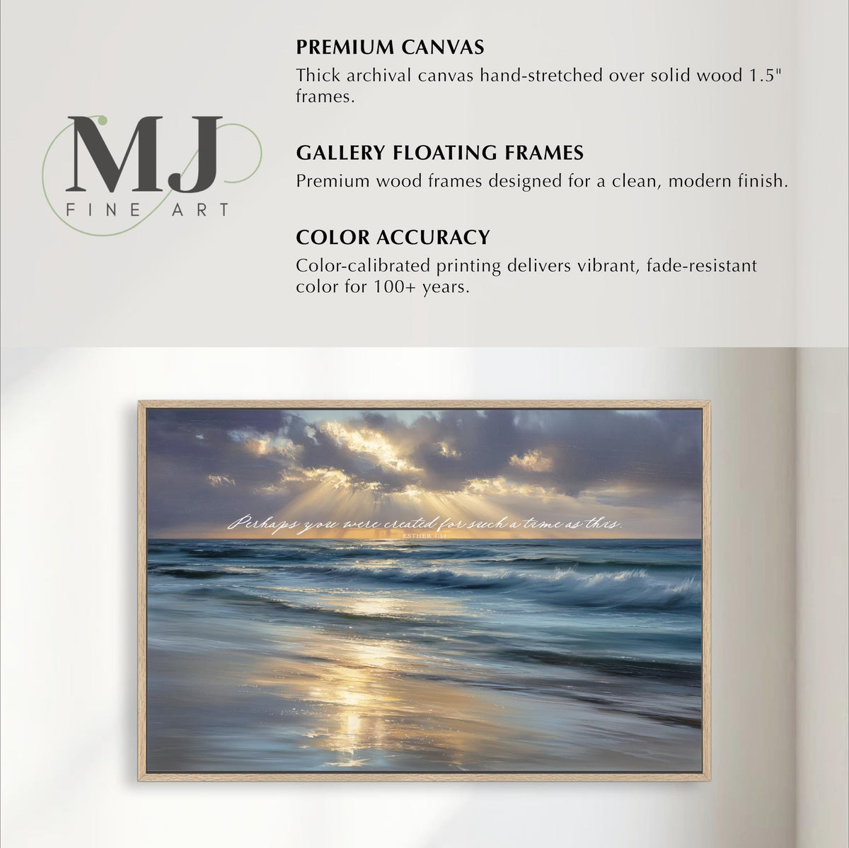 The image is a framed photograph of a serene beach scene with waves gently lapping at the shore. The photograph is framed in a wooden frame, and the image is described as a "Premium Canvas" and a "Gallery Floating Frames" from "MJ Fine Art". The image is color-accurate and delivers vibrant, fade-resistant color for 100+ years.