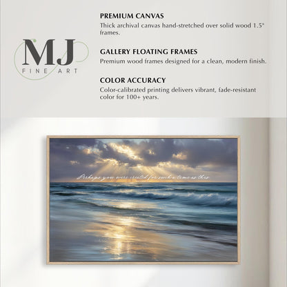 The image is a framed photograph of a serene beach scene with waves gently lapping at the shore. The photograph is framed in a wooden frame, and the image is described as a "Premium Canvas" and a "Gallery Floating Frames" from "MJ Fine Art". The image is color-accurate and delivers vibrant, fade-resistant color for 100+ years.