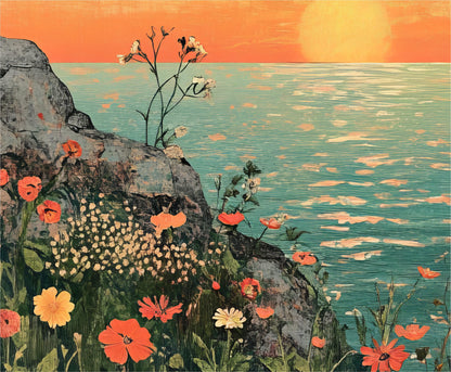 a painting of a rocky cliff with flowers growing out of it