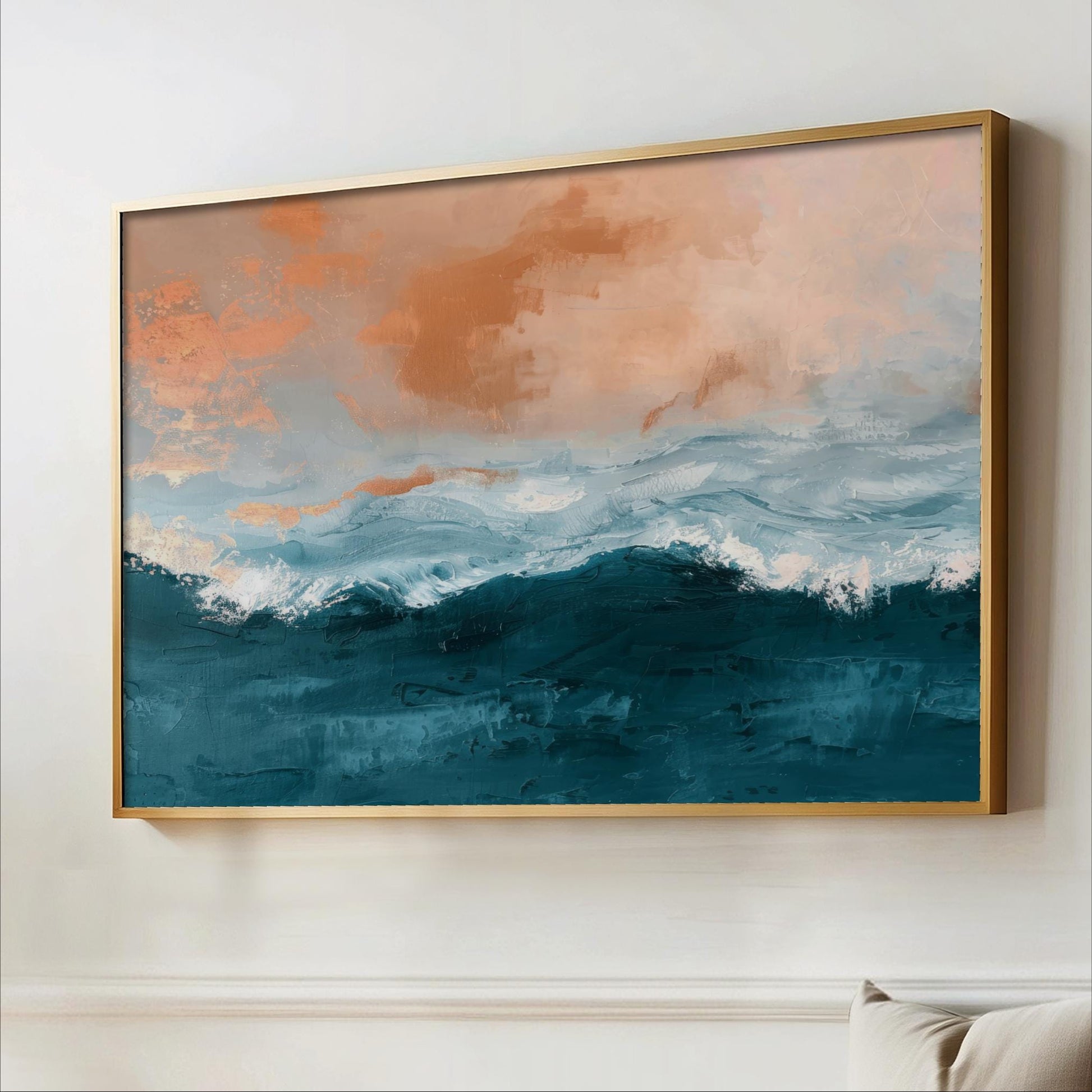 a large, framed painting of a seascape with a blue-green ocean and a sky filled with orange and pink clouds.