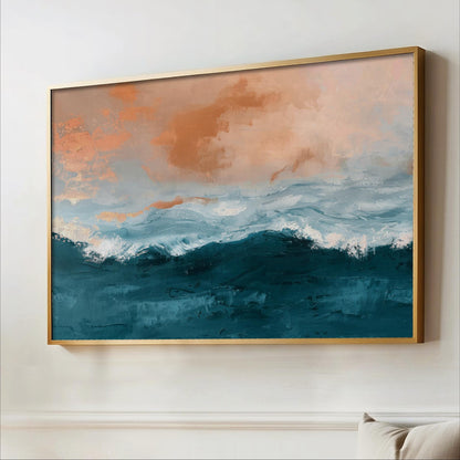 a large, framed painting of a seascape with a blue-green ocean and a sky filled with orange and pink clouds.
