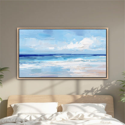 a large, framed painting of a serene ocean landscape hanging on a wall above a bed with white pillows.