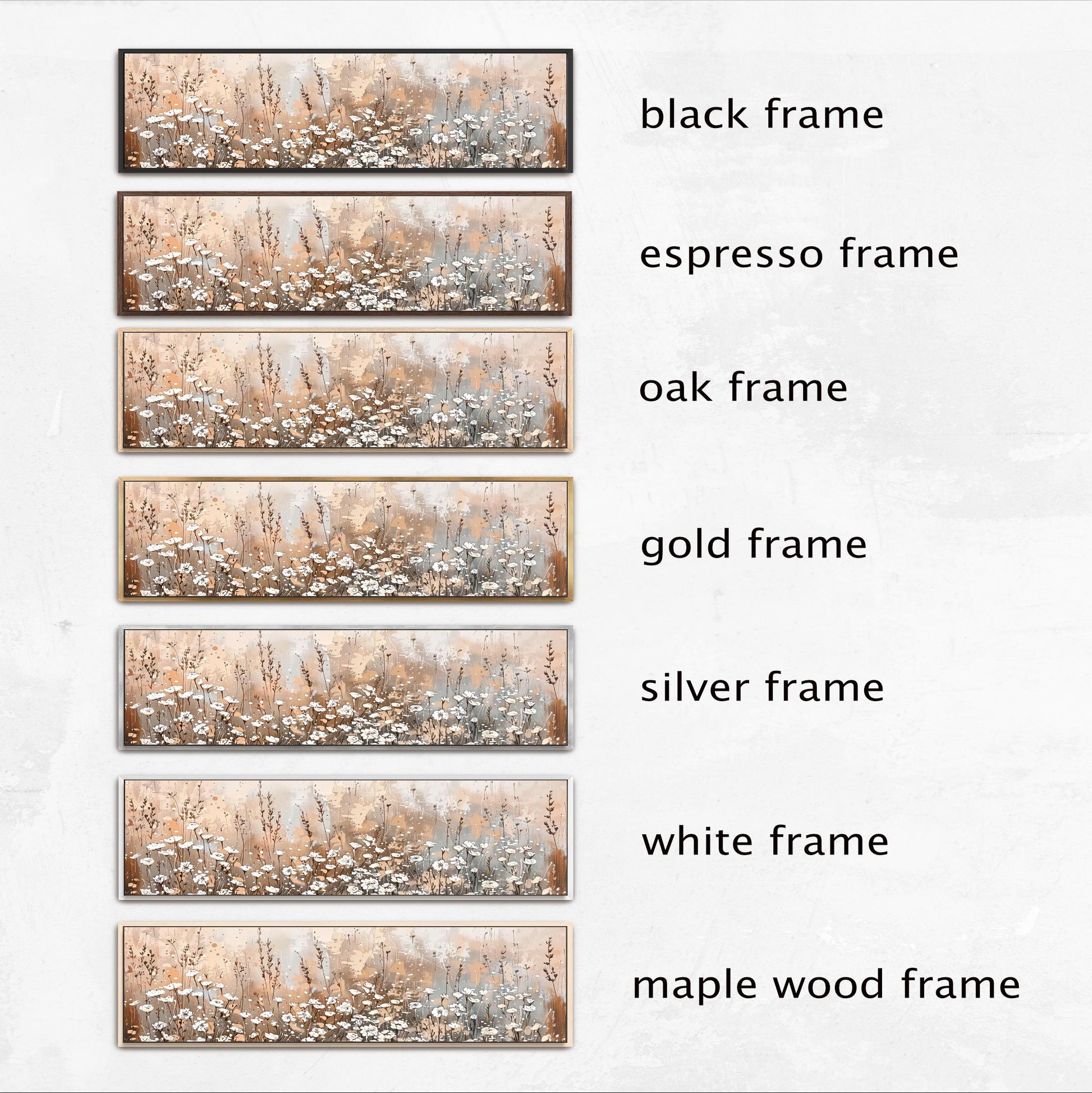 six different frames, each with a distinct color and frame type, arranged in a row. The frames are labeled as black frame, espresso frame, oak frame, gold frame, silver frame, and white frame.