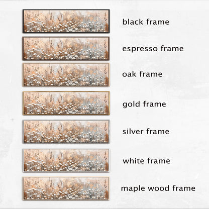six different frames, each with a distinct color and frame type, arranged in a row. The frames are labeled as black frame, espresso frame, oak frame, gold frame, silver frame, and white frame.