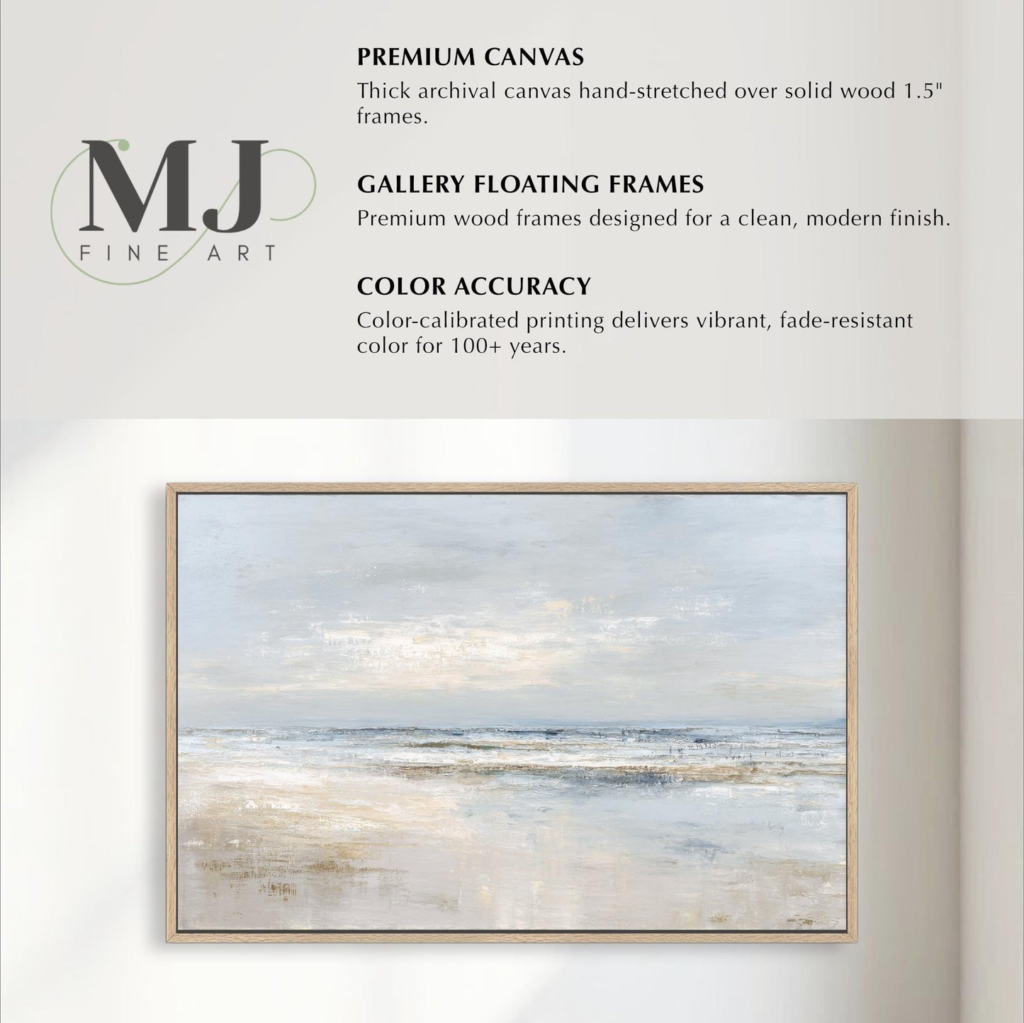 The image is a collage of various artworks, including a painting of a beach scene and a framed photograph of a landscape. The artworks are displayed in a gallery floating frame, which is described as a premium wood frame designed for a clean, modern finish. The artworks are color-accurate, meaning they deliver vibrant, fade-resistant color for 100+ years.