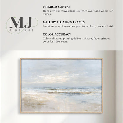 The image is a collage of various artworks, including a painting of a beach scene and a framed photograph of a landscape. The artworks are displayed in a gallery floating frame, which is described as a premium wood frame designed for a clean, modern finish. The artworks are color-accurate, meaning they deliver vibrant, fade-resistant color for 100+ years.
