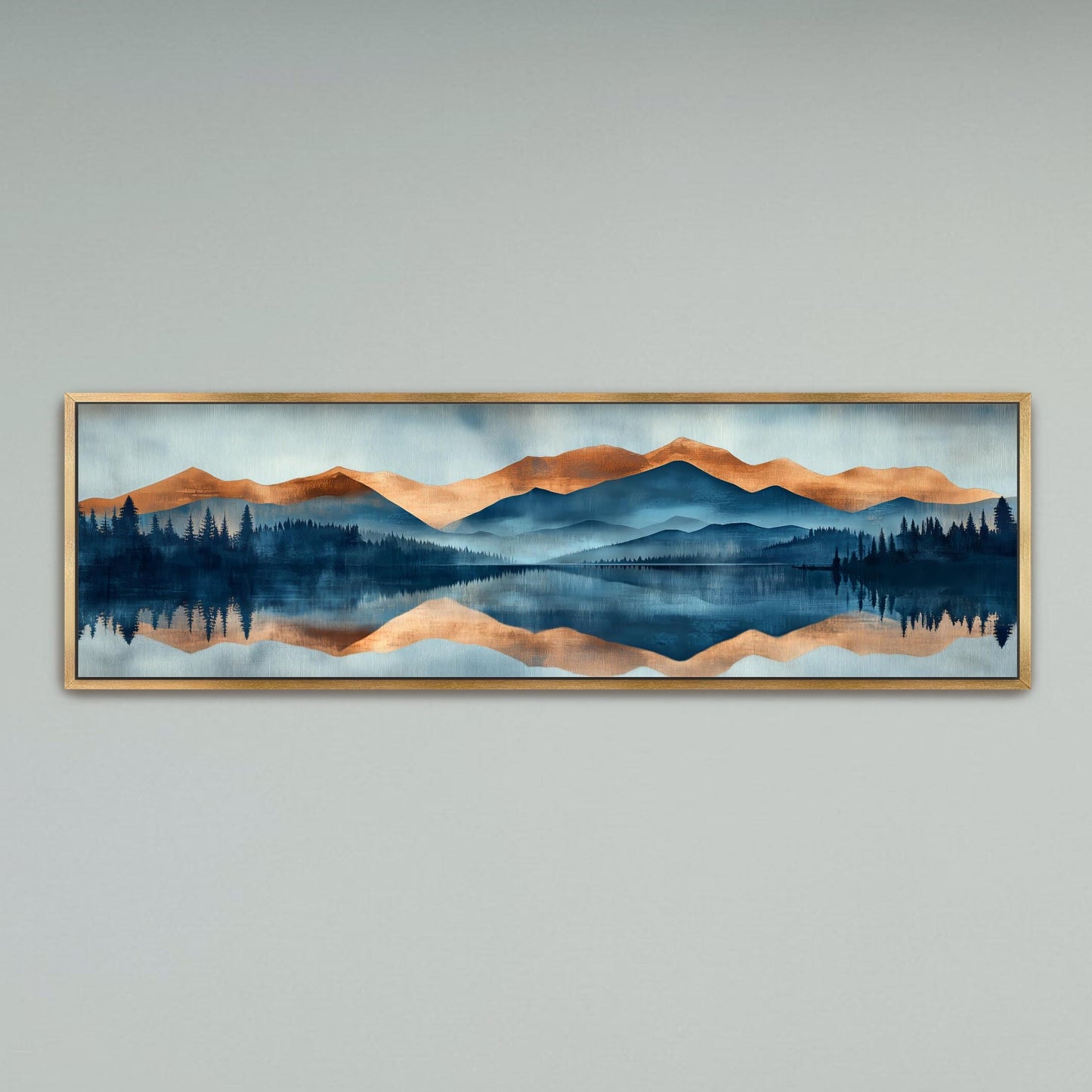 The image is a framed painting depicting a serene landscape with mountains, trees, and a lake reflecting the sky.