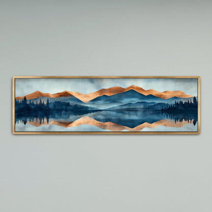 The image is a framed painting depicting a serene landscape with mountains, trees, and a lake reflecting the sky.