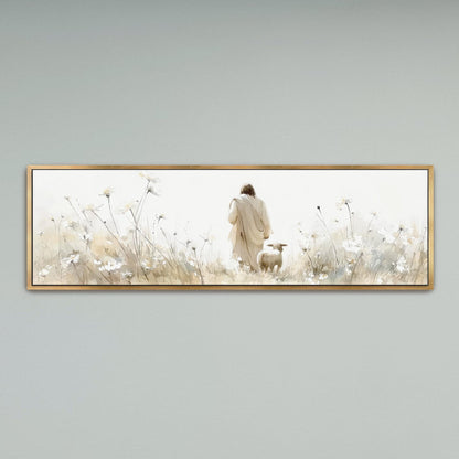 Jesus leaves the 99 to rescue a sheep in a field of wildflowers