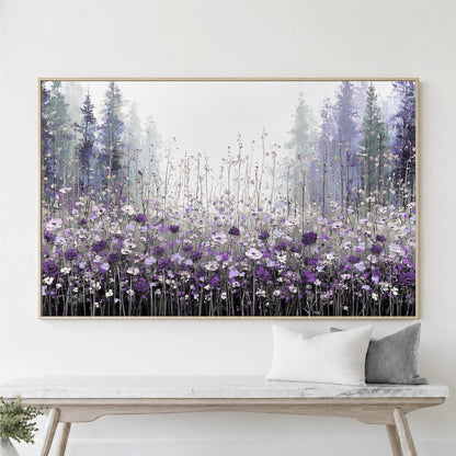 a large, framed painting of a field of purple flowers hanging on a wall above a wooden bench.