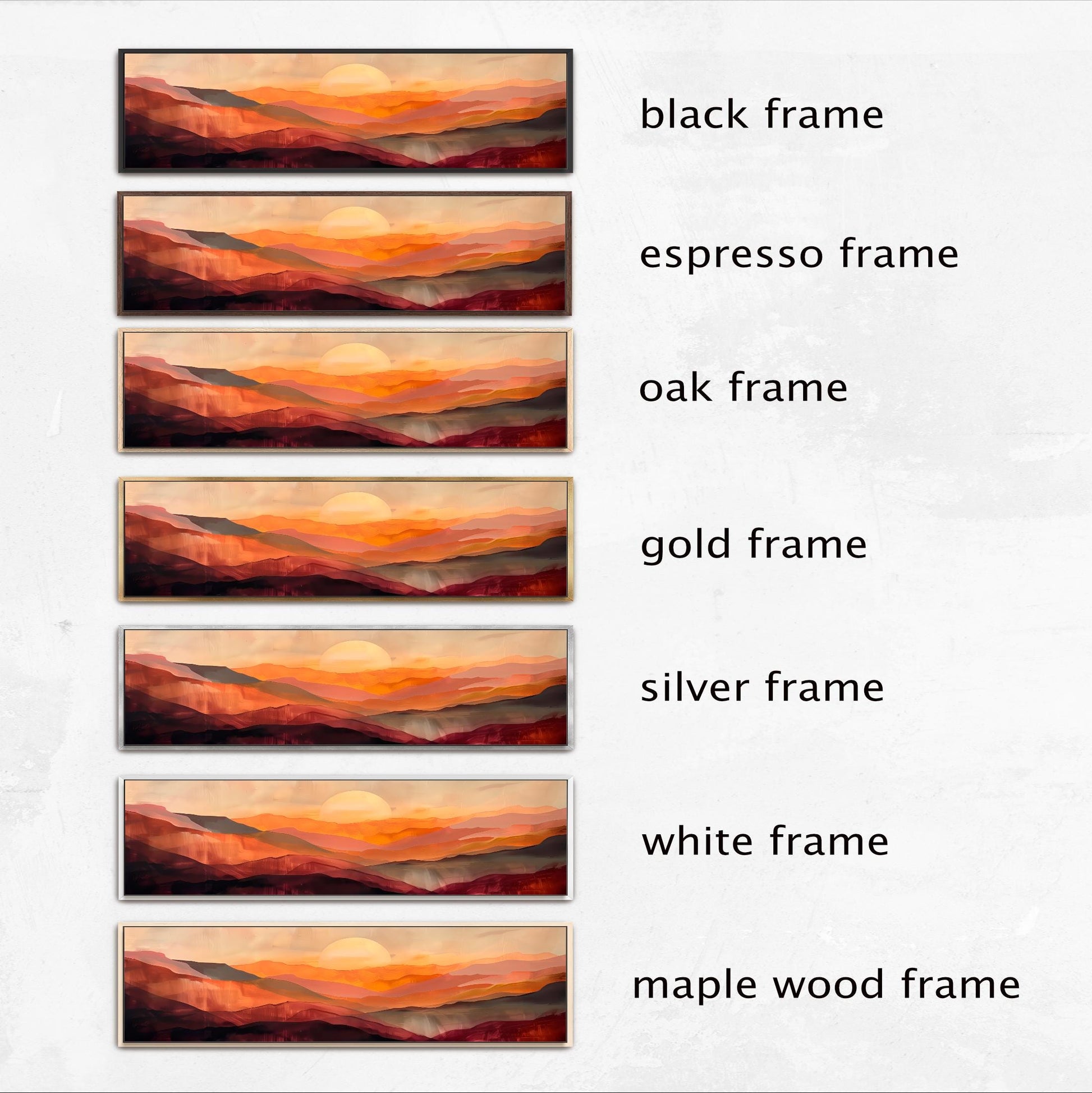 six different frames of a sunset landscape, each with a different frame color and frame style.