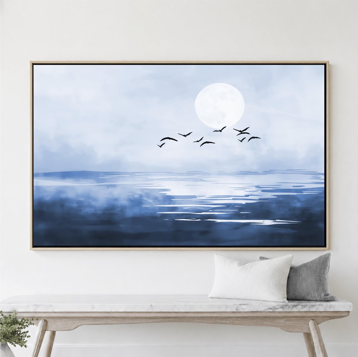 Blue Moon Night Seascape Art, Coastal Moody Minimalist Artwork, Dark Flying Birds, Framed Canvas Print, Modern Ocean Sea Home Decor