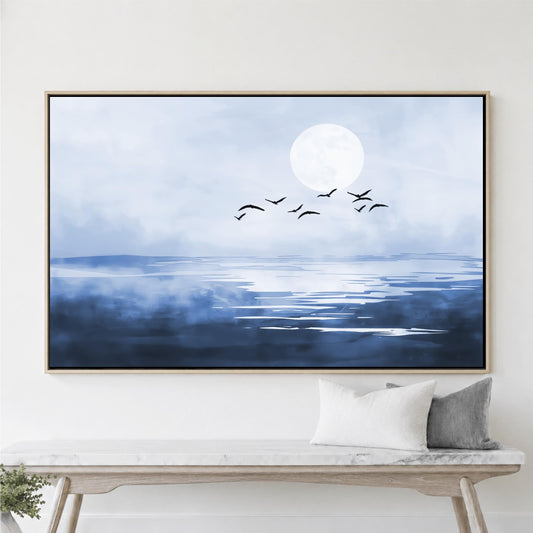 Blue Moon Night Seascape Art, Coastal Moody Minimalist Artwork, Dark Flying Birds, Framed Canvas Print, Modern Ocean Sea Home Decor