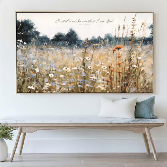 Scripture Wall Art, Be Still And Know That I Am God, Psalm 46:10 Vintage Wall Art, Field Wildflowers Framed Ready To Hang, Canvas Print