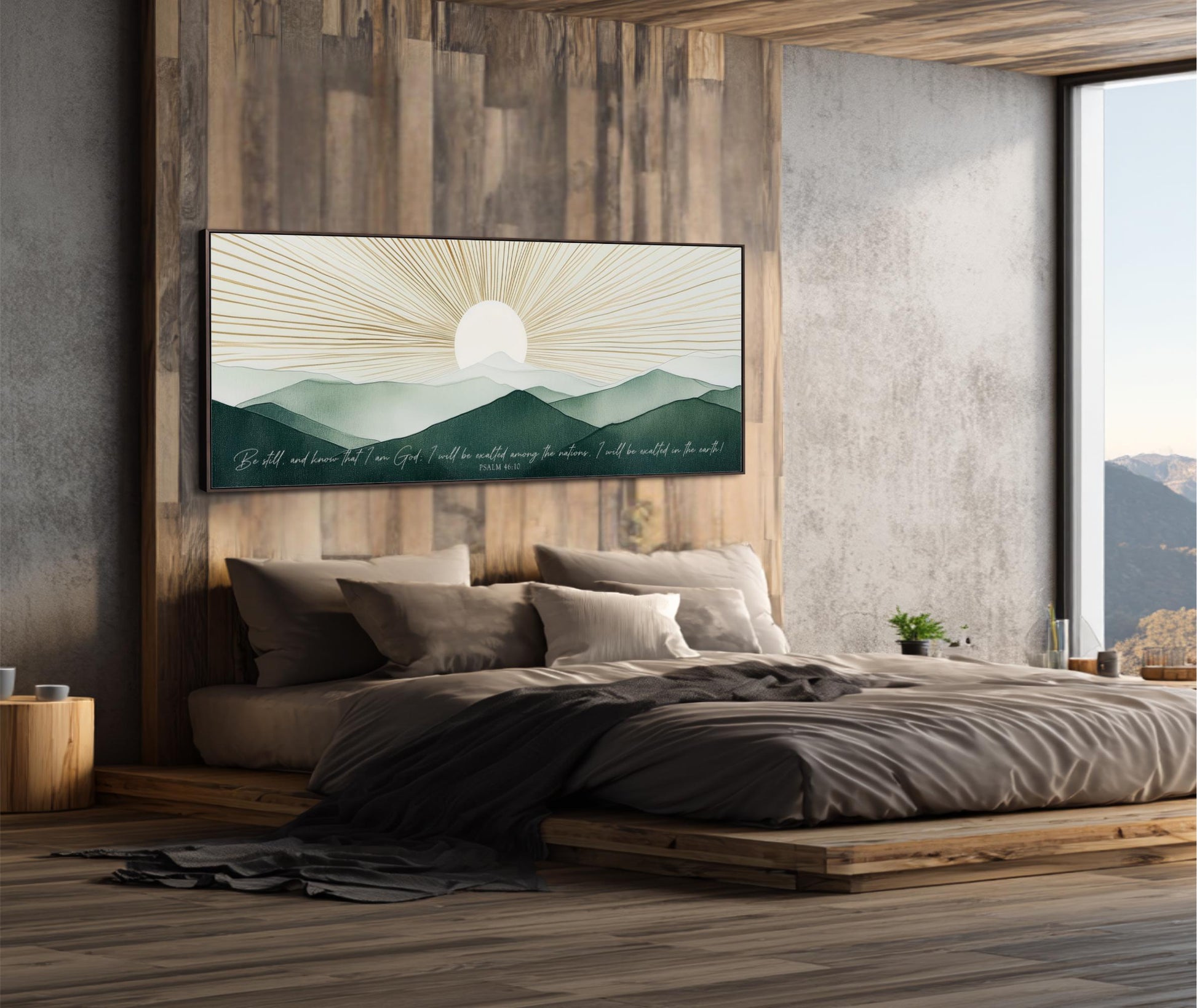 a serene bedroom setting with a large bed, wooden headboard, and a framed landscape painting depicting a sunrise over mountains.