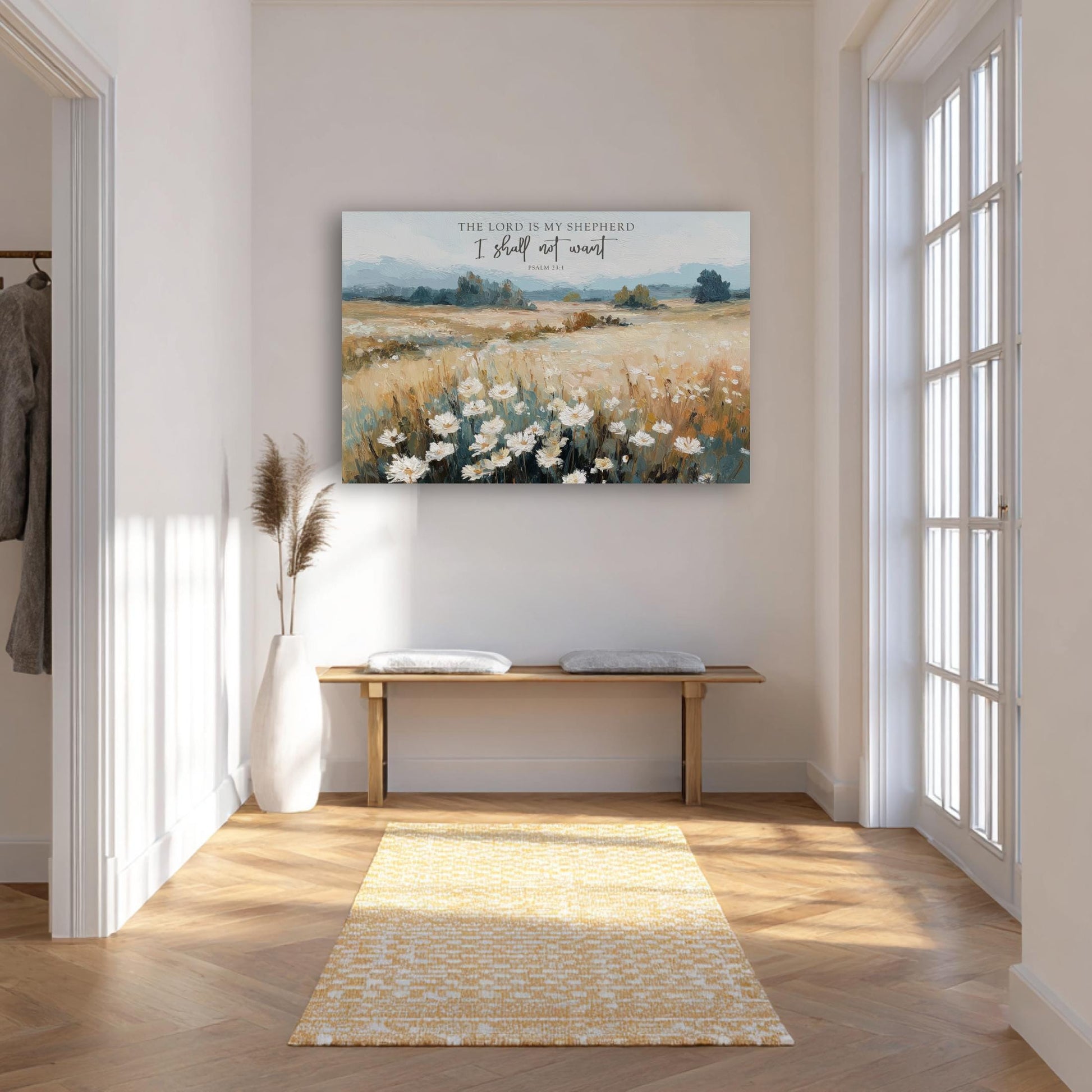 a serene and well-lit hallway with a large painting of a field of flowers hanging on the wall. The painting is surrounded by a wooden bench and a yellow and white patterned rug, creating a warm and inviting atmosphere.