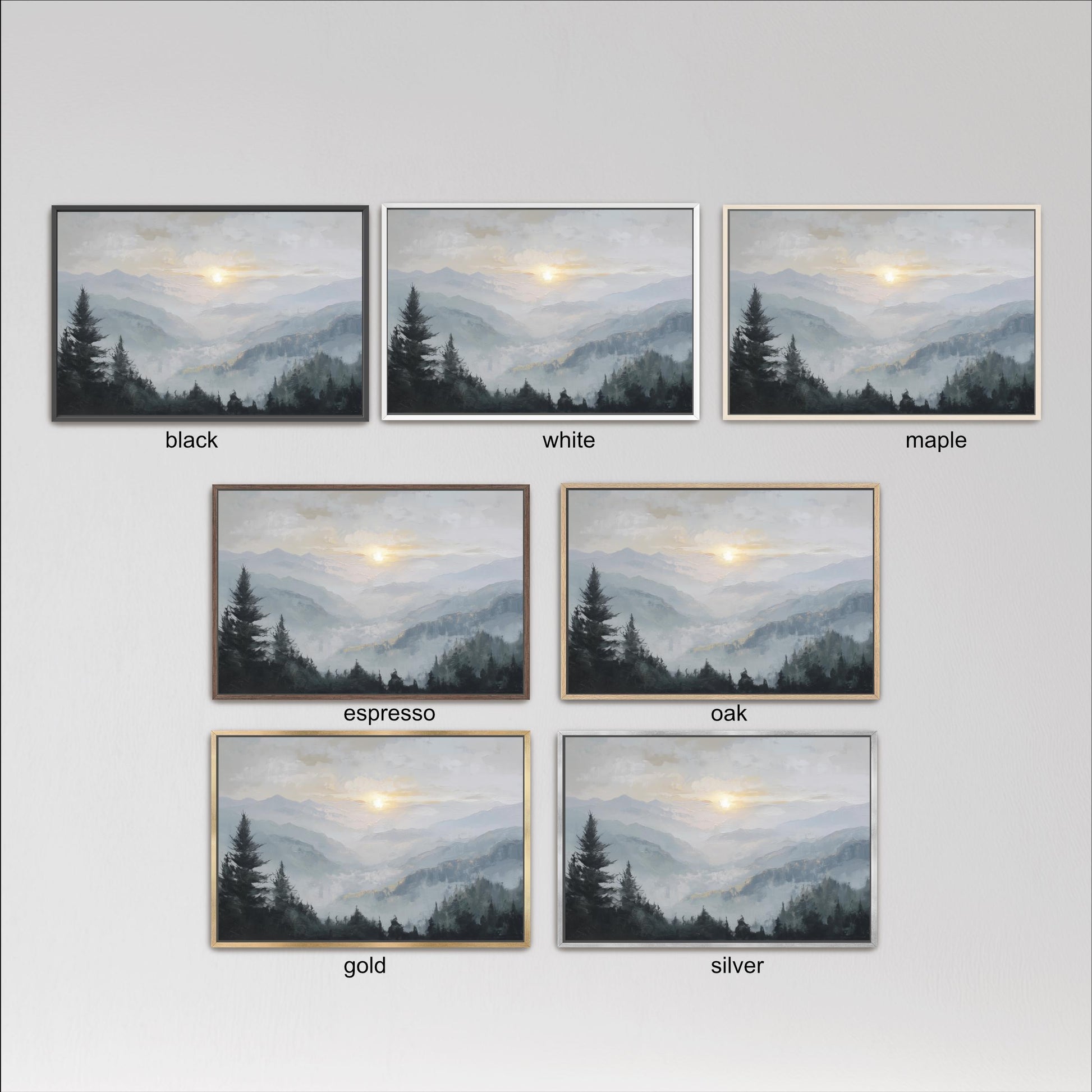 six different framed landscape paintings depicting mountain scenes, each with a different color and frame style.