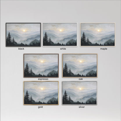 six different framed landscape paintings depicting mountain scenes, each with a different color and frame style.