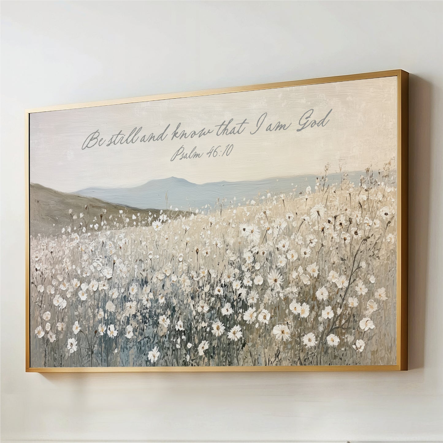 The image is a framed painting depicting a field of white flowers against a mountainous landscape.