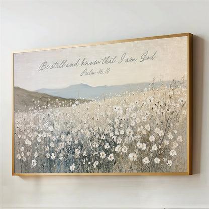 The image is a framed painting depicting a field of white flowers against a mountainous landscape.