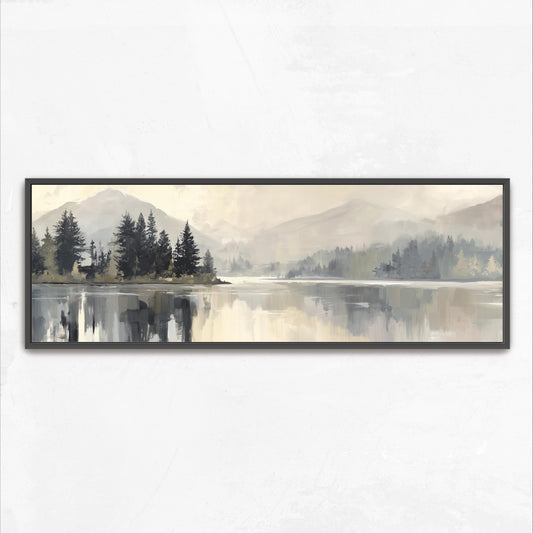 Mountain Lake Framed Wall Art, Panoramic Landscape Canvas Print, Moody Forest Nature Painting, Neutral Mountain Wall Decor
