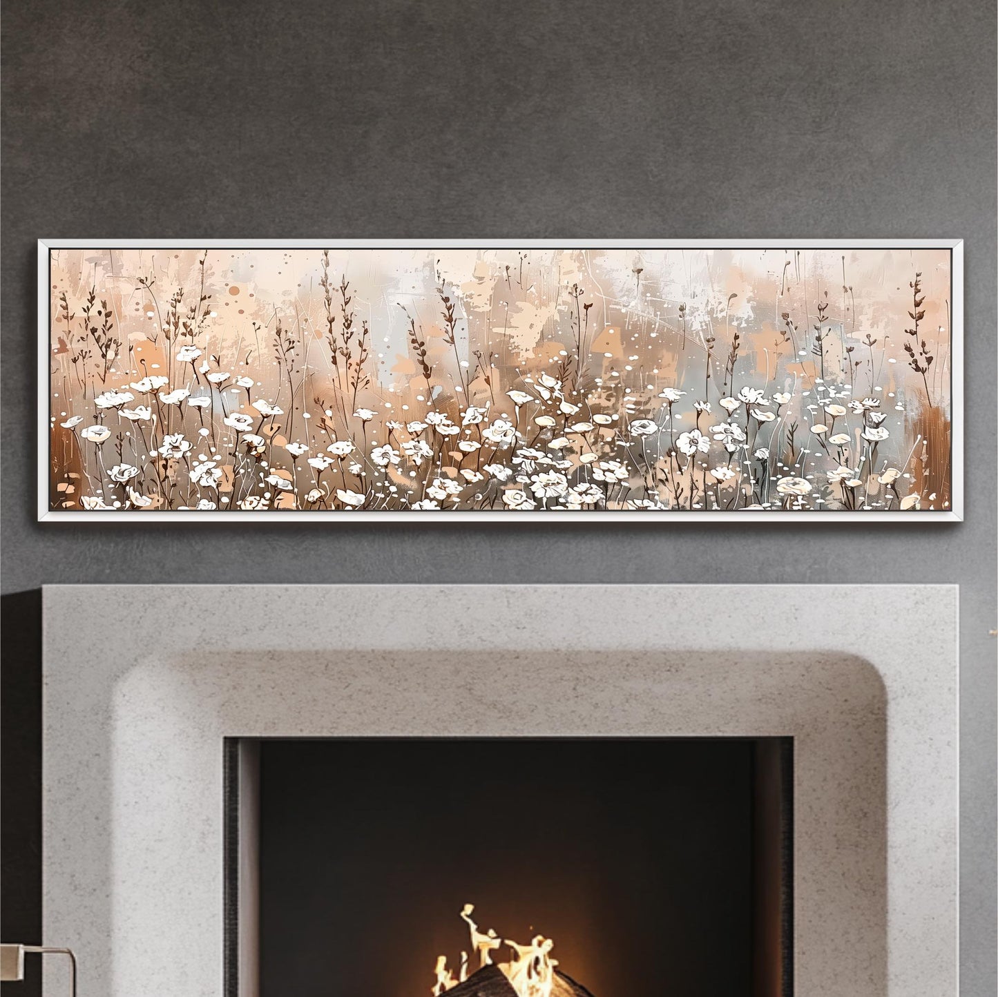 a fireplace with a painting of flowers above it.