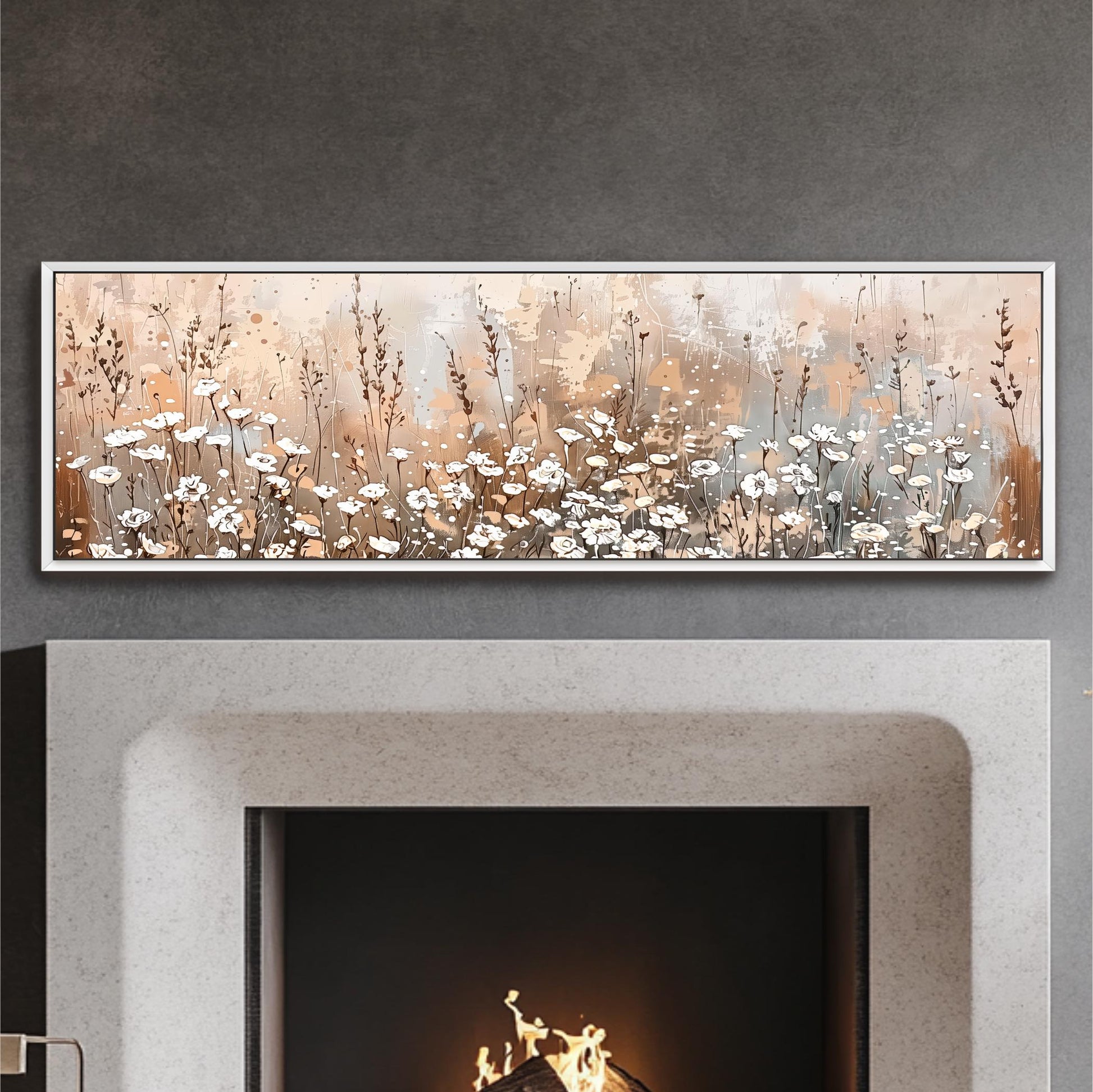 a fireplace with a painting of flowers above it.