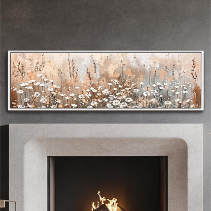 a fireplace with a painting of flowers above it.