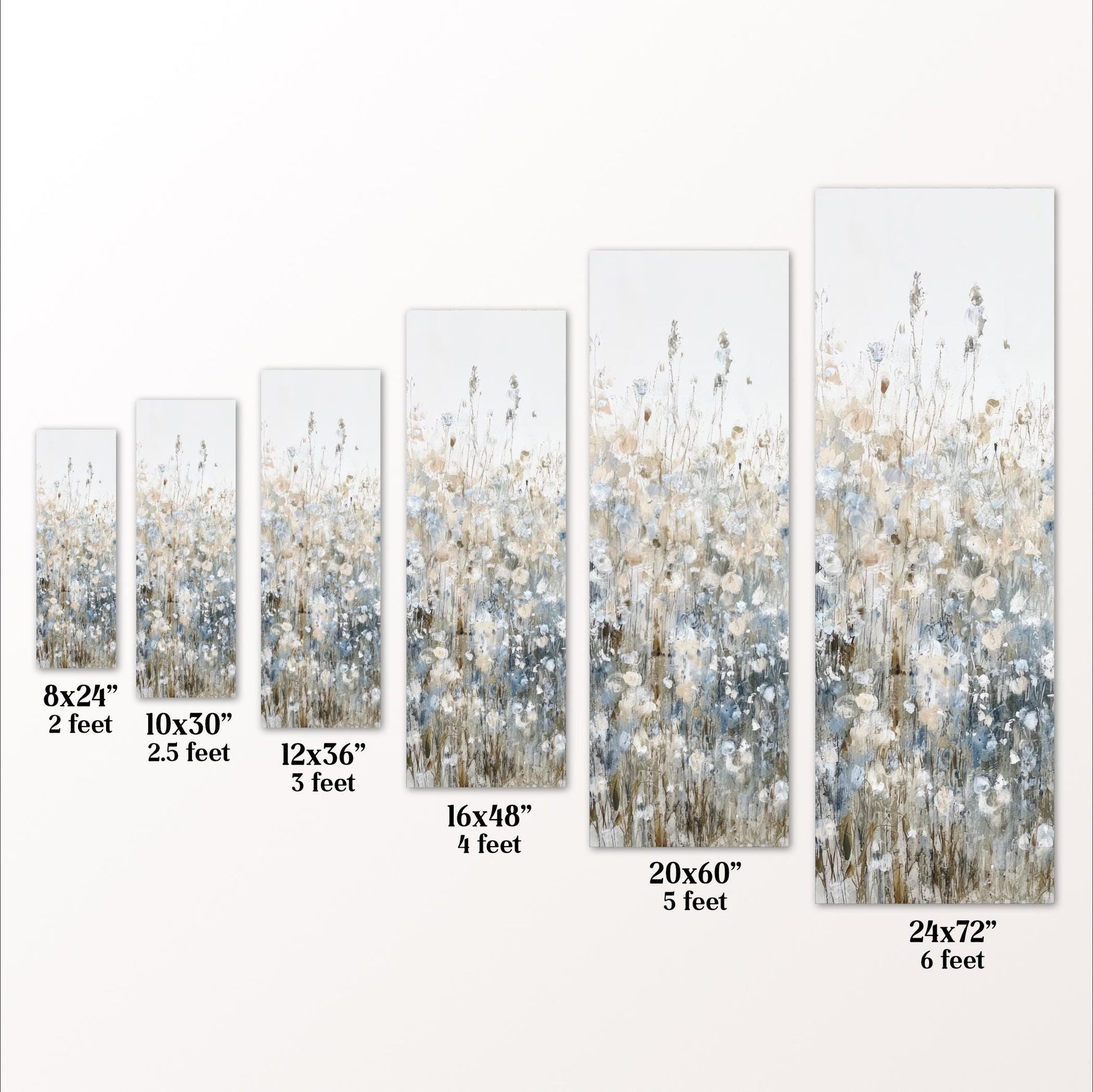 a series of paintings or prints, each depicting a field of flowers in varying sizes. The paintings are arranged in a row, with each one being a different size, ranging from 8x24 inches to 20x60 inches. The sizes are labeled next to each painting, providing a visual representation of the different dimensions of the artworks.