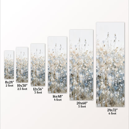 a series of paintings or prints, each depicting a field of flowers in varying sizes. The paintings are arranged in a row, with each one being a different size, ranging from 8x24 inches to 20x60 inches. The sizes are labeled next to each painting, providing a visual representation of the different dimensions of the artworks.