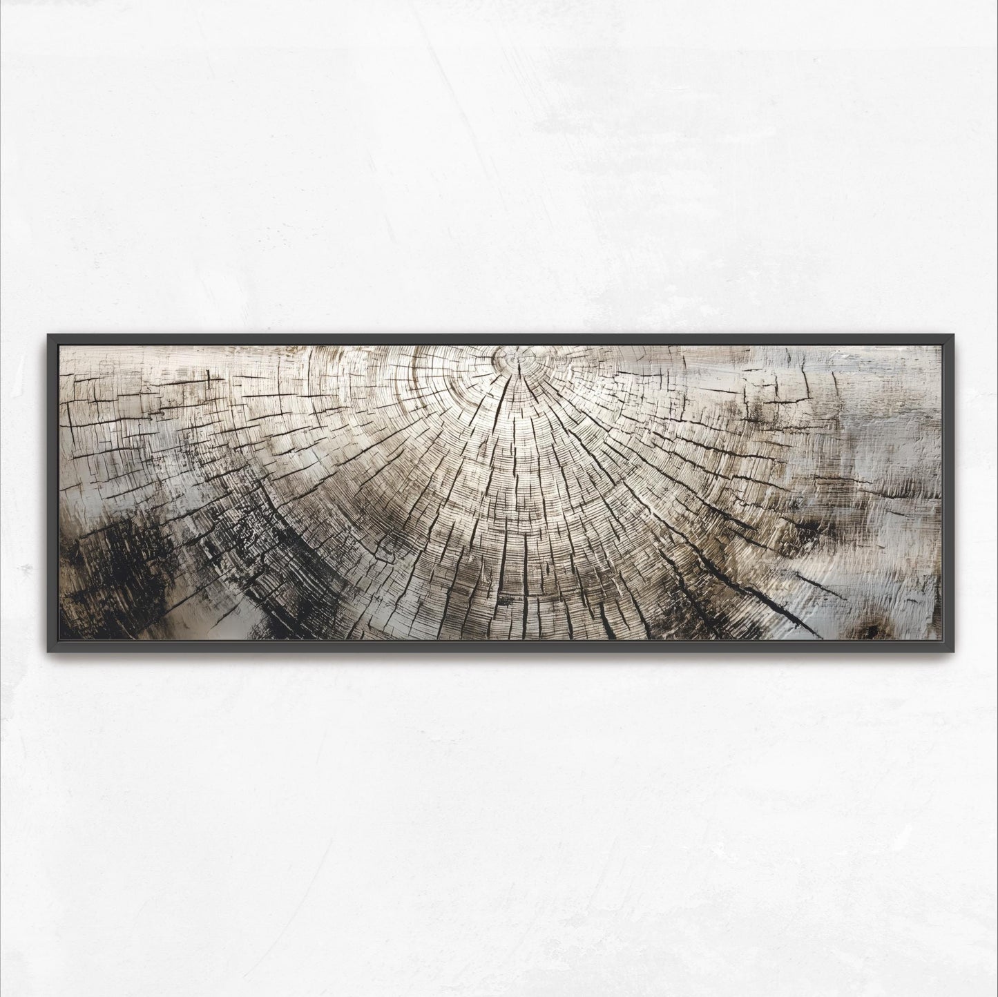 The image is a framed artwork depicting a cross-section of a tree trunk, showcasing the intricate patterns and textures of the wood.