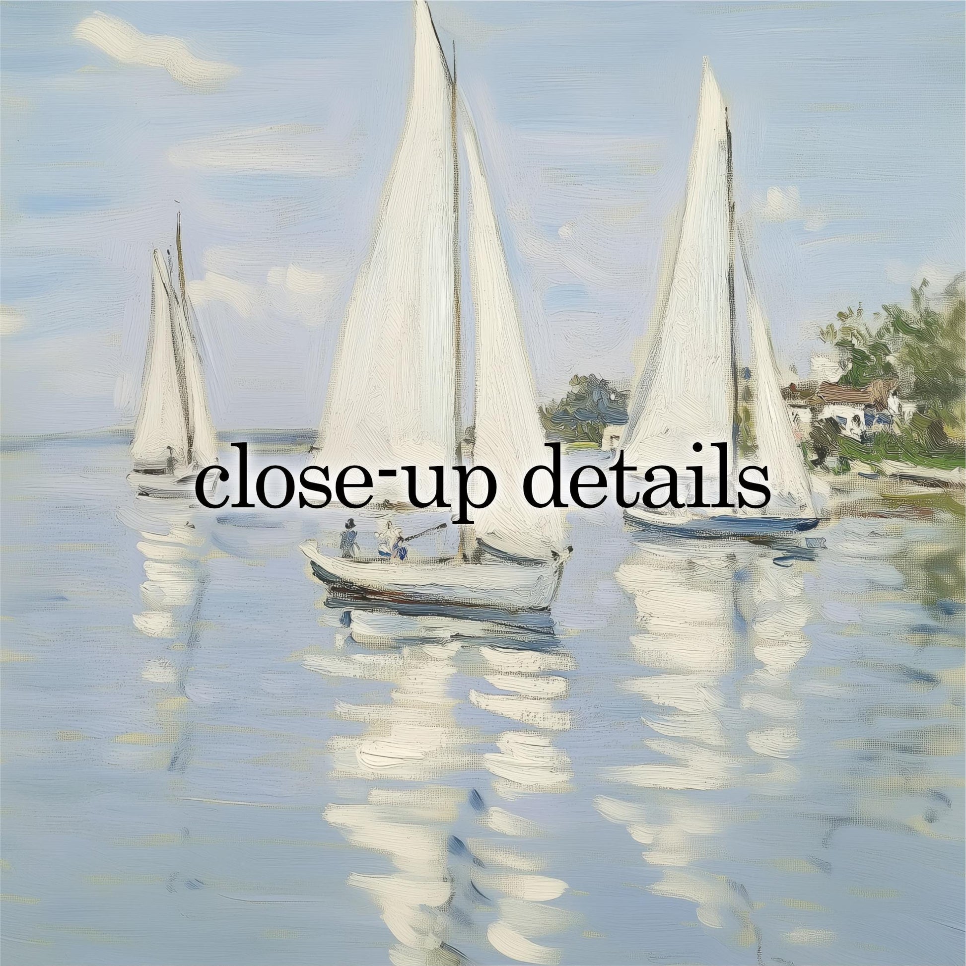 three sailboats on the water, with the text "closeup details" overlaid on the scene.