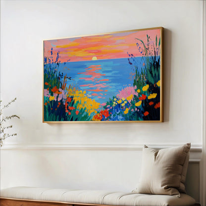 a vibrant painting of a sunset over a body of water, with a lush garden in the foreground.