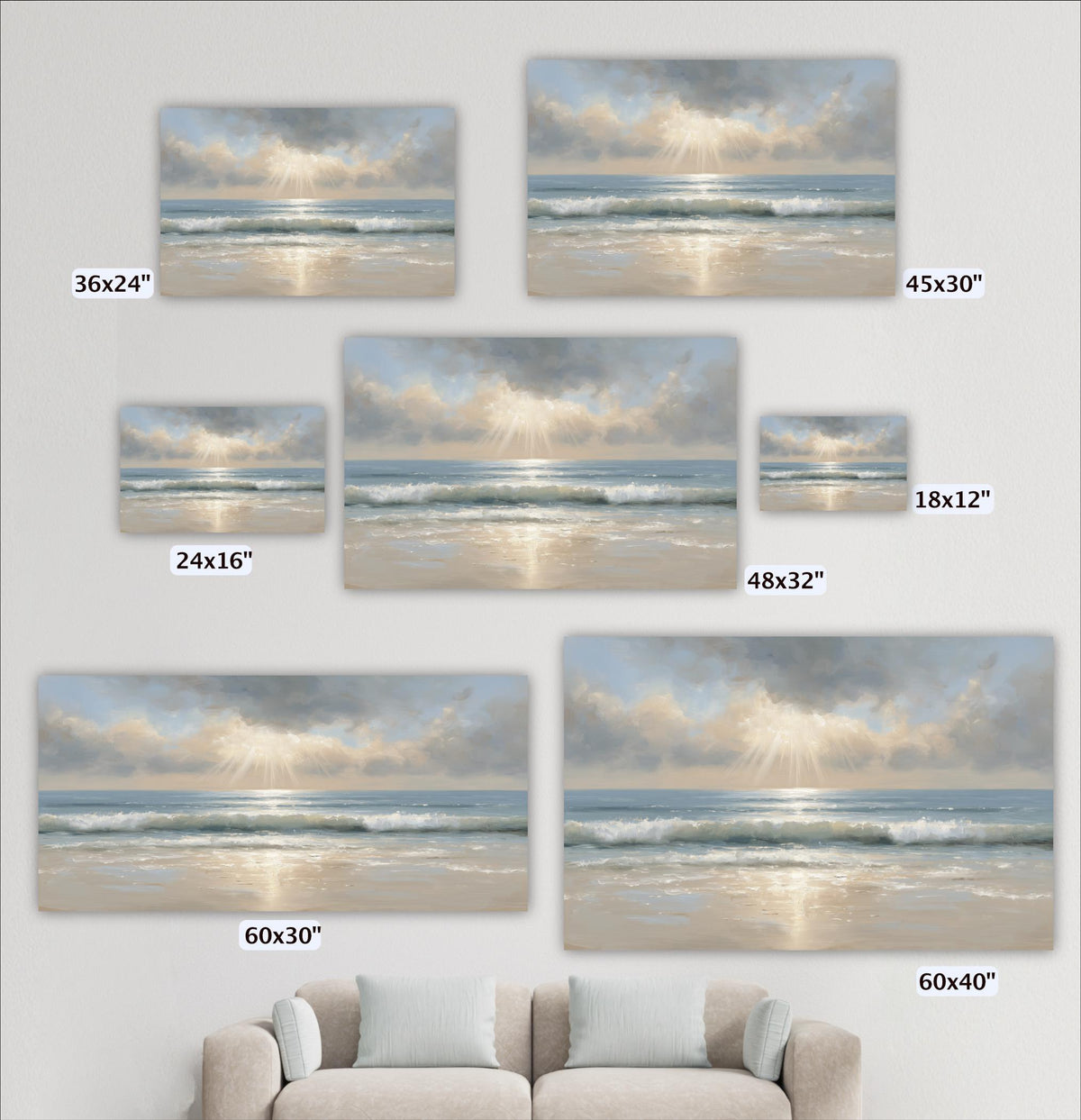 a collection of six framed landscape paintings depicting serene beach scenes with ocean waves and a cloudy sky. The paintings vary in size, ranging from 36x24 inches to 48x32 inches. The artworks are displayed on a wall, and there is a couch in the foreground.